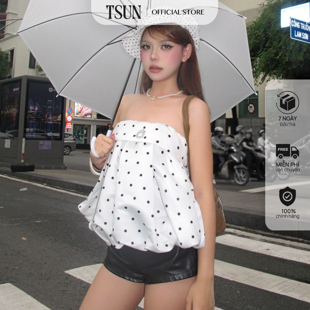 TSUN - Sugar Polka Dot Áo Ống Bí Chấm Bi Trắng Đen Hở Vai Cúp Ngực Gợi Cảm Sang Chảnh | BigBuy360 - bigbuy360.vn