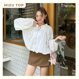   Mở Bán-Tặng Áo Quây  AH31 Mizu Top Áo Sơ Mi Cổ V Có Dây Rút Tay Phồng Chất Liệu Tơ Mềm Phong Cách Nữ Tính Bánh Bèo 
