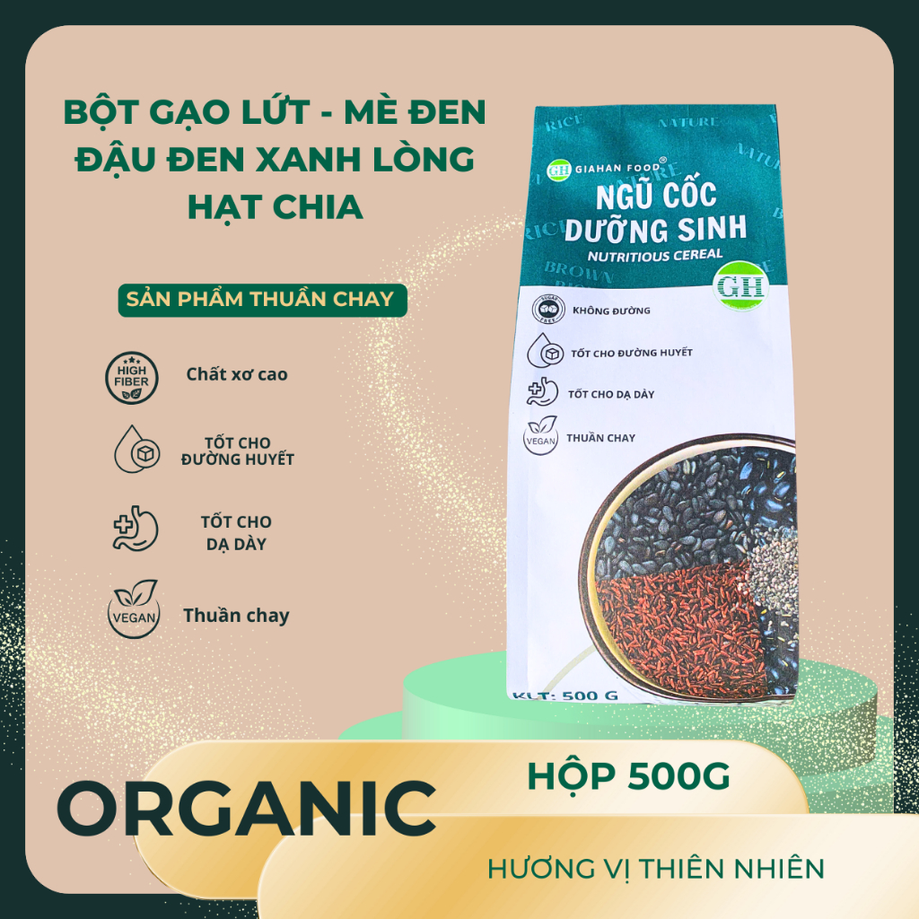 Bột Ngũ cốc mè đen dưỡng sinh, tốt cho dạy dày (500g)  Không đường, thuần chay