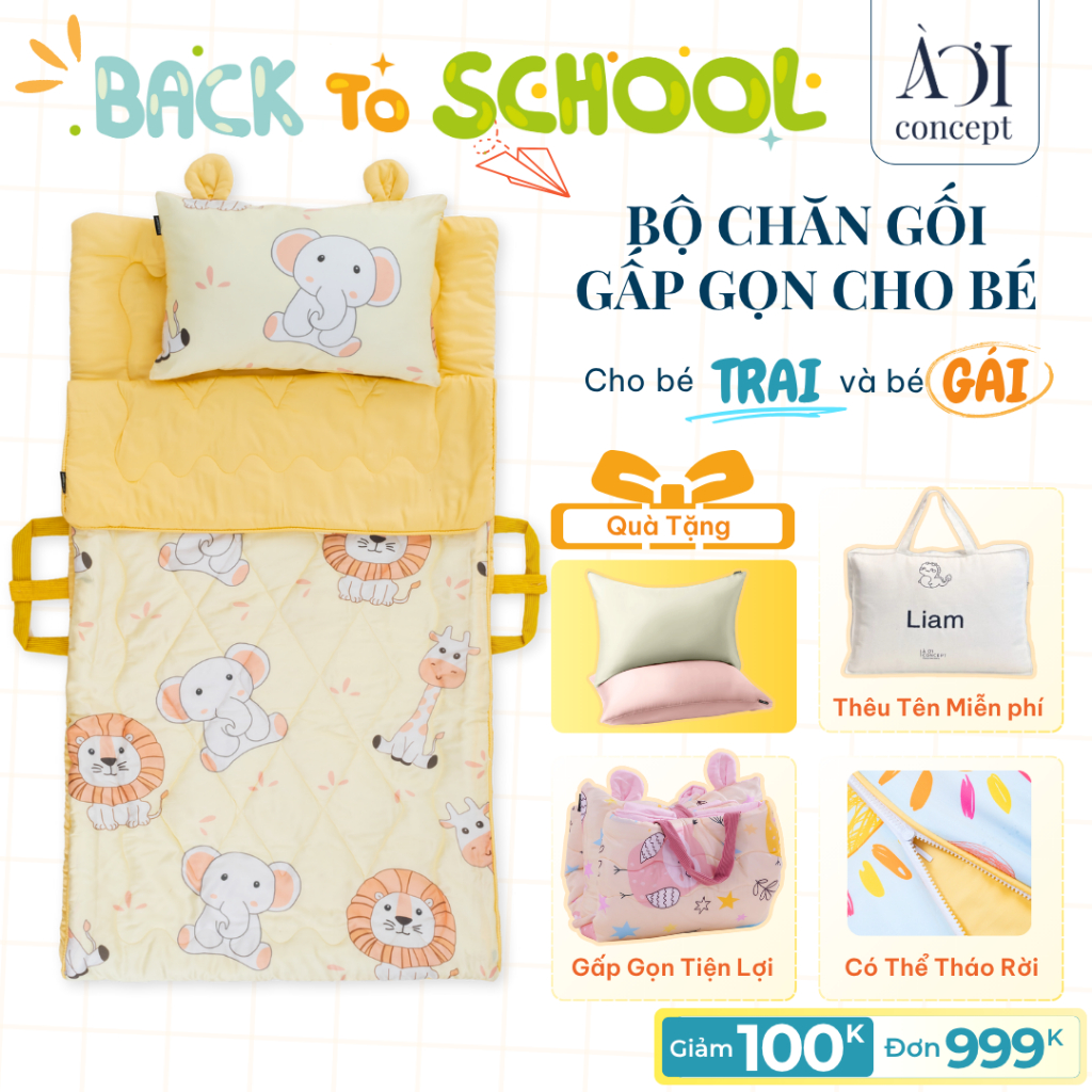 Bộ chăn gối cho bé mầm non AOICONCEPT gấp gọn 5 trong 1 size 70x120cm 70x140cm chăn nệm túi ngủ cho bé mẫu giáo tiểu học