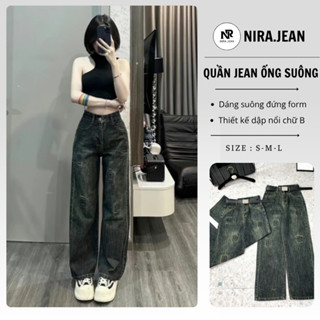 Quần jean nữ ống rộng NIRA.JEAN quần bò thêu chữ B đen màu ánh rêu xanh nhạt size S M L 86236
