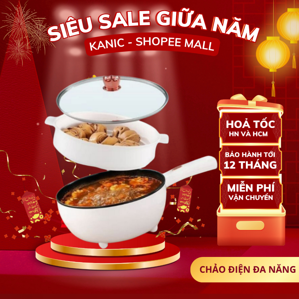 Chảo Điện Đa Năng KANIC, Dung Tích 3L Nồi Đa Năng Nồi Lẩu Điện, Tay Cầm Dài Điều Chỉnh Nhiệt Độ Nấu