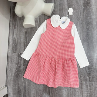 Bộ váy dạ ép kèm áo cổ bẻ cho bé gái kẻ hồng xuất dư xịn(255)