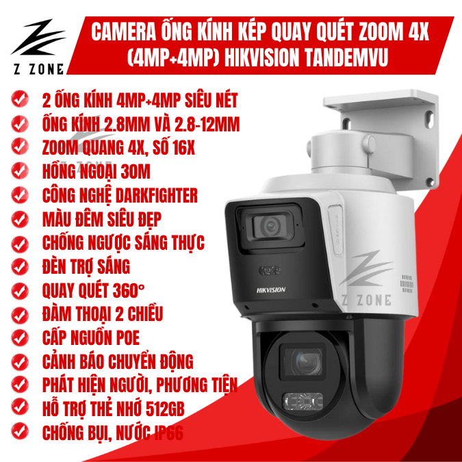 Camera IP ống kính kép quay quét PTZ Tandemvu 4MP+4MP Hikvision DS-2SE3C404MWG-E/14