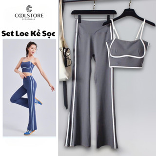 Bộ quần loe dài 96-100cm + Bra sọc thể thao cá tính vải thun lạnh thoáng khí tập gym yoga pilates Coolstore