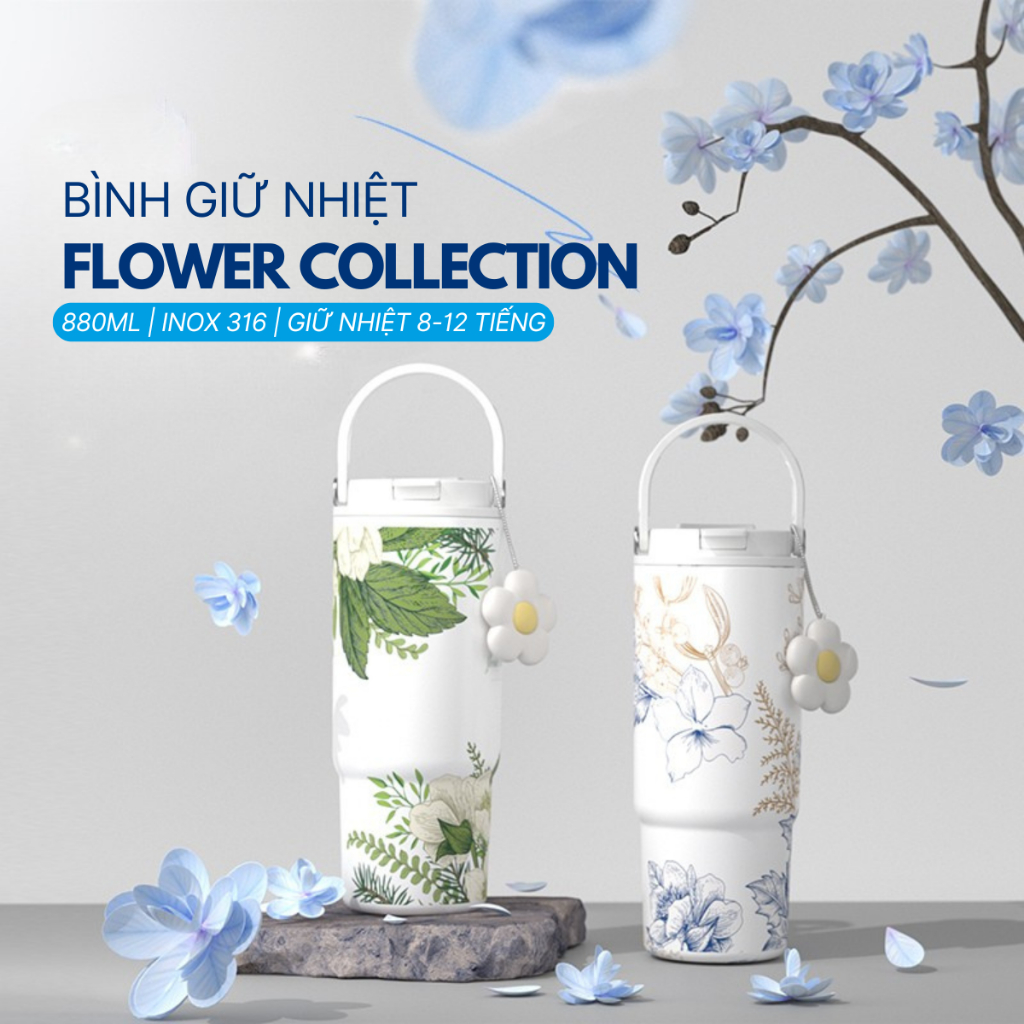 [880ML] Bình Giữ Nhiệt Flower Collection Big Car | Inox 316 Tráng Sứ – Đáy Silicone & Charm Hoa