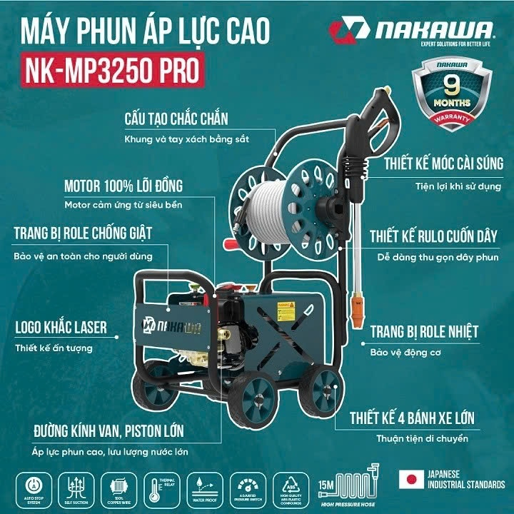 Máy Rửa Xe Nakawa NK-MP3250PRO/ 3250W/ 100% Dây Đồng/ Siêu Khoẻ/ Áp Cao/ CHính Hãng.