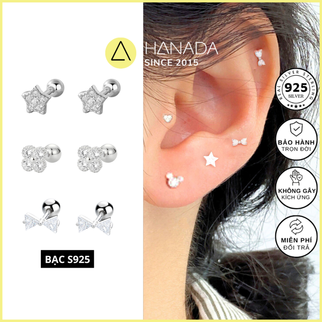 [BẠC 925-BH TRỌN ĐỜI] Khuyên Bạc 925 Hanada Chui Bi Vặn Đính Đá , Bông Tai Đeo Vành Tai  Mang hằng ngày 2333