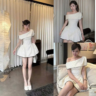 Đầm Chấm Bi Lệch Vai Tùng Xoè( CÓ QUẦN BẢO HỘ), Váy Trễ Vai Đi Tiệc Hoạ Tiết Chấm Bi Sang Chảnh Cho Nàng