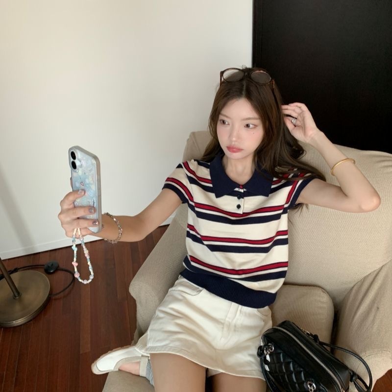 Áo Len Dệt Kim Mỏng Tay Cộc Cổ Polo Dáng Lỡ From Ôm Phối Sọc Ngang Màu Siêu Xinh Hàng Qccc Phù Hợp Với Mọi Lứa Tuổi | BigBuy360 - bigbuy360.vn