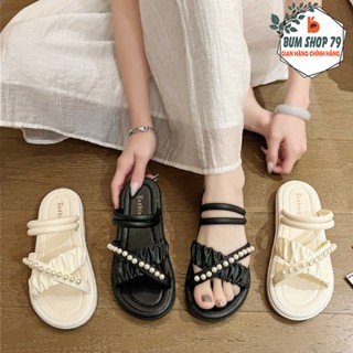 Dép Sandal Nữ Quai Chéo Đính Hạt Phong Cách Tiểu Thư, Dép Nữ Quai Nhún Mang Êm Chân Chống Trơn Trượt