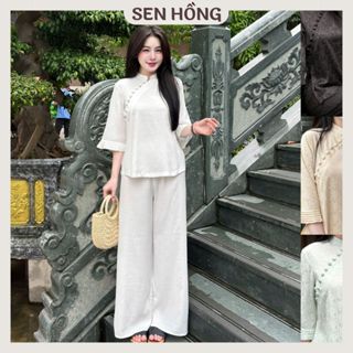 Set Đồ Lam Đi Chùa Gấm Vân Hoa - Bộ Pháp phục Phật tử cổ tàu tay xếp vải gấm hoa trà mềm nhẹ mát S81