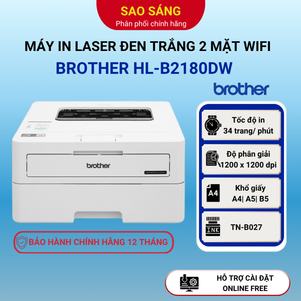 Máy In Laser Đen Trắng Brother HL-B2180DW – In 2 Mặt Tự Động, WiFi, Mực Siêu Tiết Kiệm