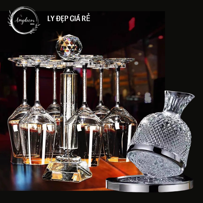 Bộ 6 ly uống rượu vang cao cấp, chân lá vàng và chân nhũ, bình thở xoay 360 độ