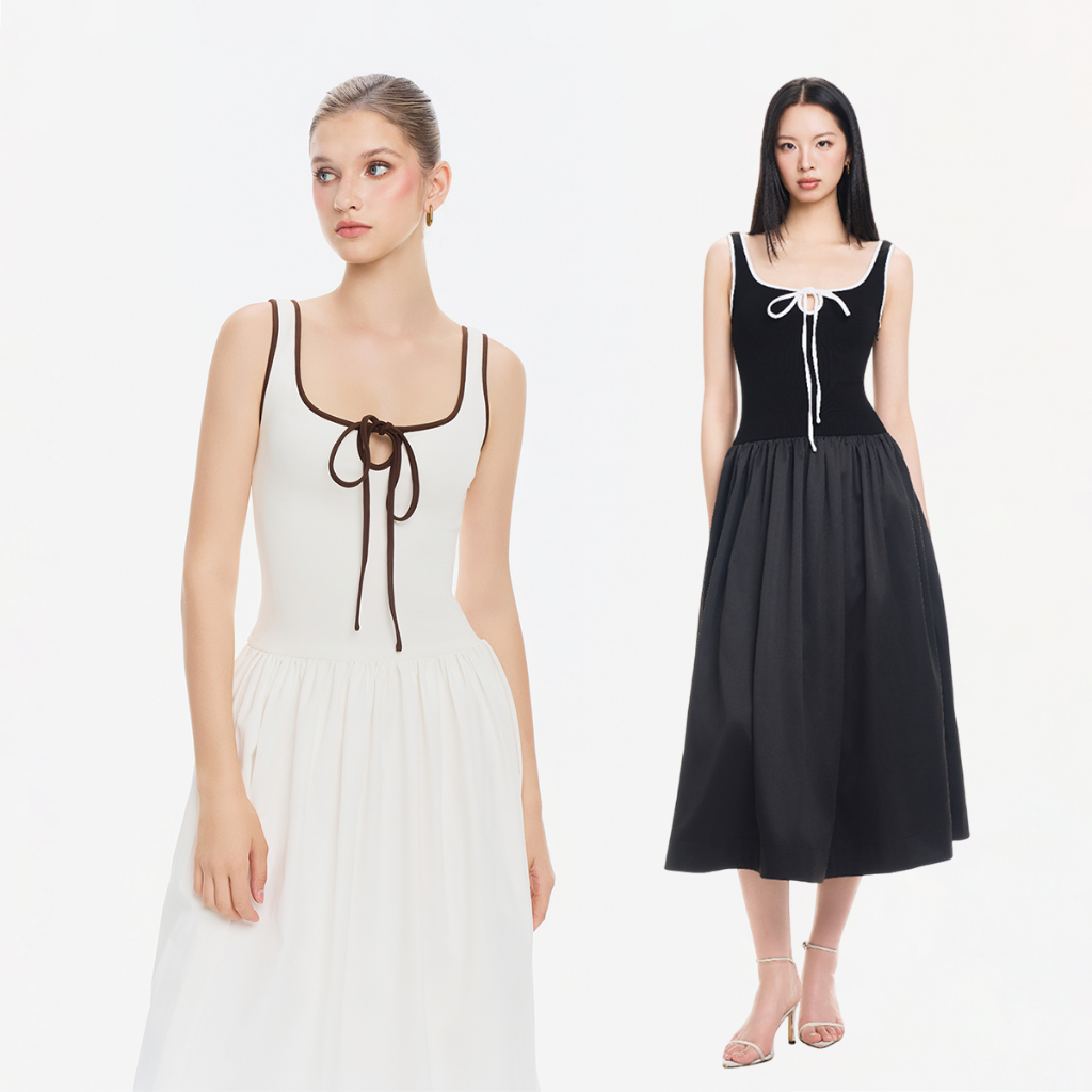 RECHIC Đầm dài 2 dây Prune nơ buộc ngực chiết eo dáng xòe nữ tính