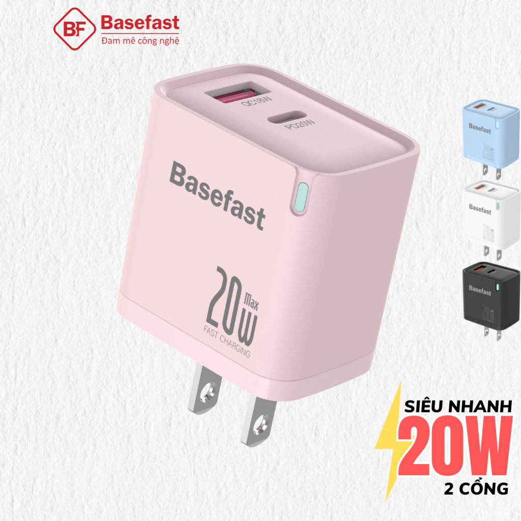  Củ sạc nhanh 20W 2 cổng Basefast công nghệ chống quá tải nhiệt dùng cho ip samsung xiaomi oppo 