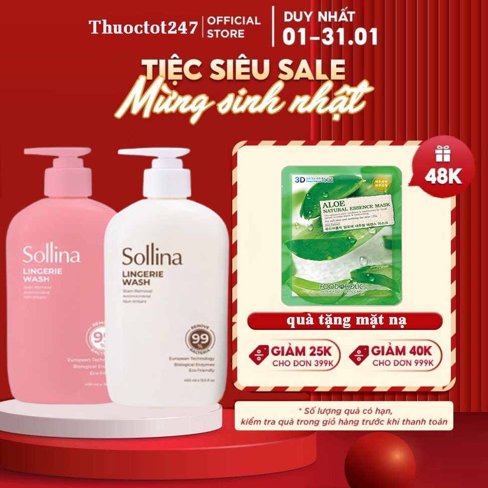 Nước giặt đồ lót chuyên dụng Sollina 400ML Giúp khử mùi, kháng khuẩn, An toàn cho da nhạy cảm