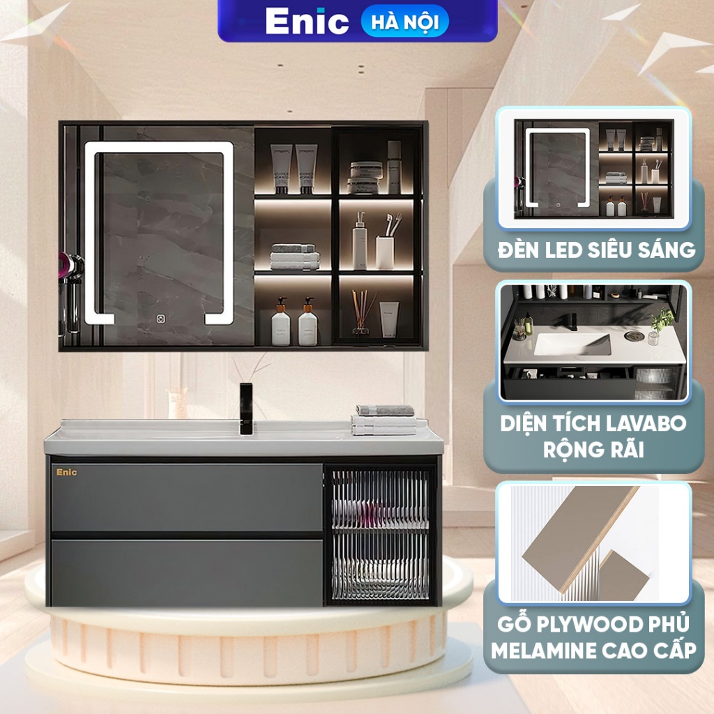 Bộ tủ lavabo và tủ gương phòng tắm Enic G32 - Đèn LED điều chỉnh độ sáng, bồn rửa gốm sứ chống trầy 