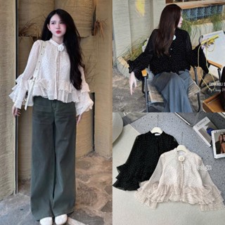 METWO. - Áo sơ mi tơ voan nhăn babydoll thiết kế chấm bi tay loe bồng bèo tầng đính hoa trà 2 lớp tiểu thư Hàn Quốc