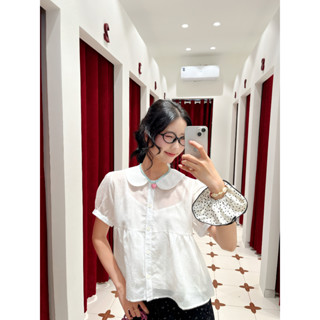 Áo sơ mi kiểu LENCLOTHING A840224-00 - Áo babydoll cổ bèo tơ hoa trắng phong cách Hàn Quốc dành cho nữ kèm áo hai dây