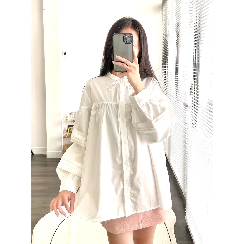 Áo kiểu sơ mi nữ tay dài cổ tròn thắt nơ Tiffany top KIDO kidostudiowear