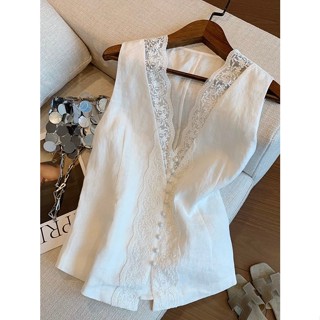 Áo gile nữ linen pha màu trắng cổ V viền ren phong cách Hàn Quốc | Áo kiểu nữ xinh đi chơi, đi làm