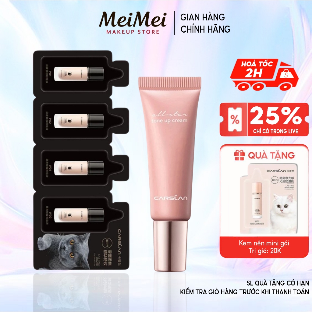 Combo Kem Nâng Tông Mini CARSLAN 5g +Kem Nền CARSLAN 4g Dưỡng Ẩm Sáng Da, Kiềm Dầu Tự Nhiên Lâu Trôi