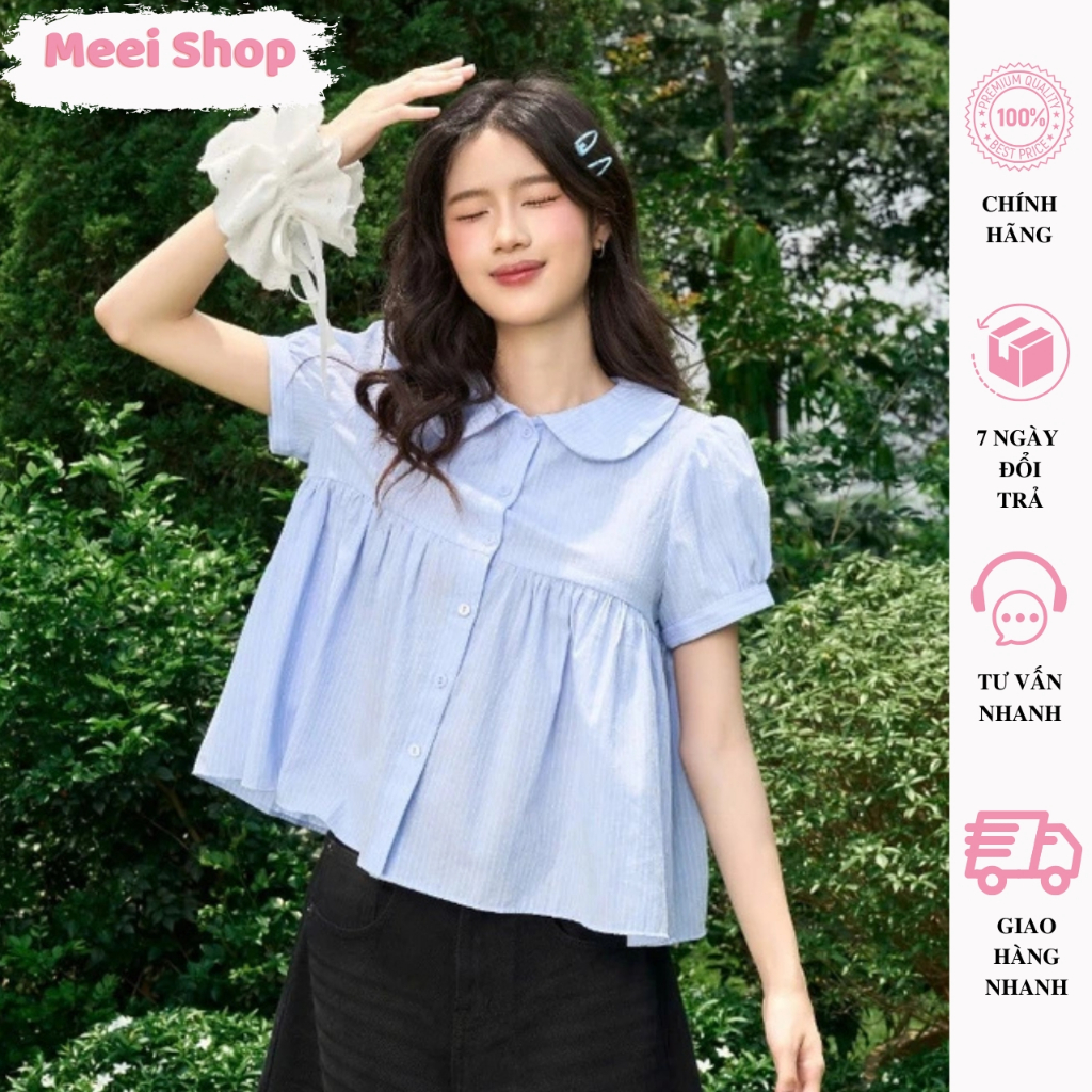 Áo Sơ Mi Babydoll Kẻ Kate Hàn Quốc Tay Bồng MEEI SHOP, Áo Kiểu Nữ Babydoll Cổ Bèo Dễ Thương Mùa Hè 3