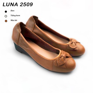 Giày búp bê nữ đế xuồng 3cm LUNASHOES 2509 – da bò thật mềm êm, mũi vuông có nơ, bảo hành 3 năm