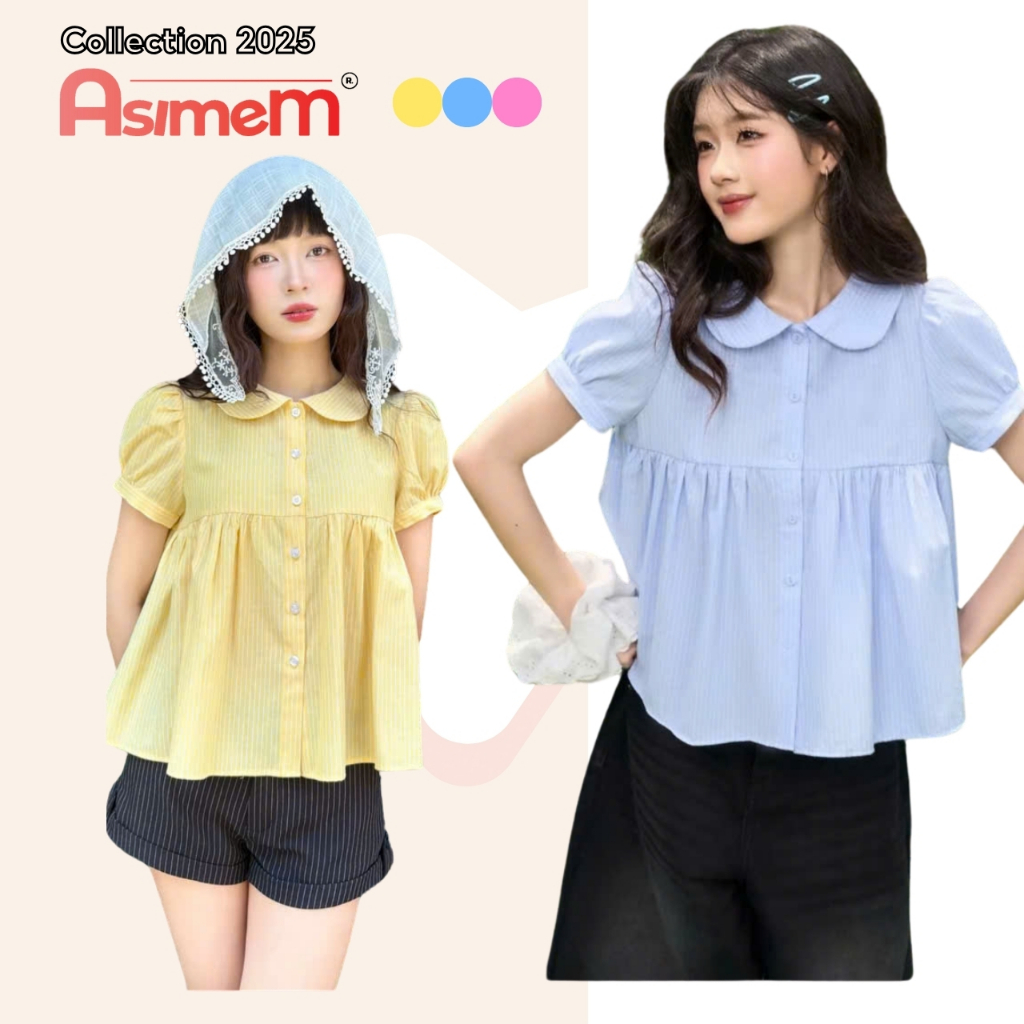 Áo Kiểu Nữ Babydoll Tay Bồng Chất Kate Mùa Hè Tiểu Thư, Áo Babydoll Cổ Sen Kẻ Sọc Phối Nút 3 Màu Nữ 