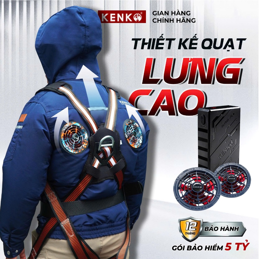 Bộ áo điều hoà quạt cao KENKO và pin quạt Alpha X6 28v, thiết kế đeo dây bảo hộ trên công trường