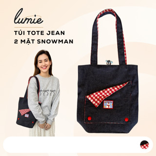  Túi Tote Snowman Vải Jean Denim Phối Nỉ Caro Đỏ Đeo 2 Mặt Gài Khuy Sừng Xinh Xắn Hợp Đi Chơi Đi Học 