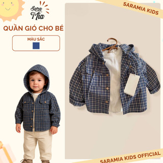 AT9-Áo khoác sơ mi caro có mũ cho bé SARAMIA KIDS, chất cotton mềm nhẹ, form suông phong cách Hàn Quốc