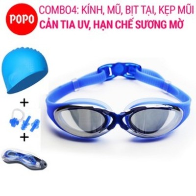 Bộ Kính bơi Mũ bơi Bịt tai kẹp mũi POPO G300-CA31, mắt tráng gương cản tia UV hạn chế sương mờ