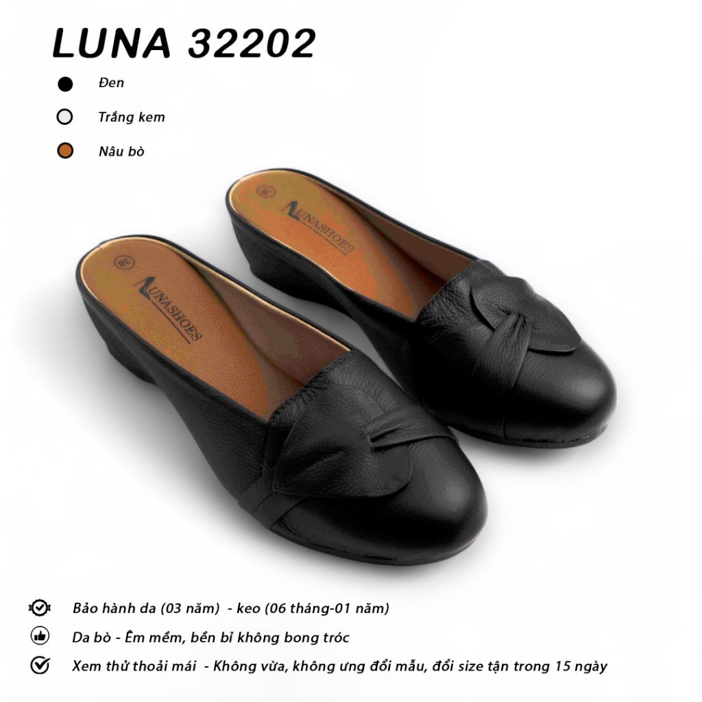 Giày sục nữ 3p Lunashoes 32202 mũi tròn da bò mềm họa tiết đẹp êm chân chống nước