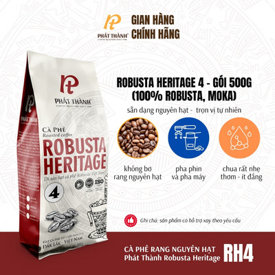 Cà phê nguyên hạt Robusta Heritage RH4 - Pha máy & phin - ROBUSTA, MOKA - Thơm, chua nhẹ - Cà phê Phát Thành gói 500g