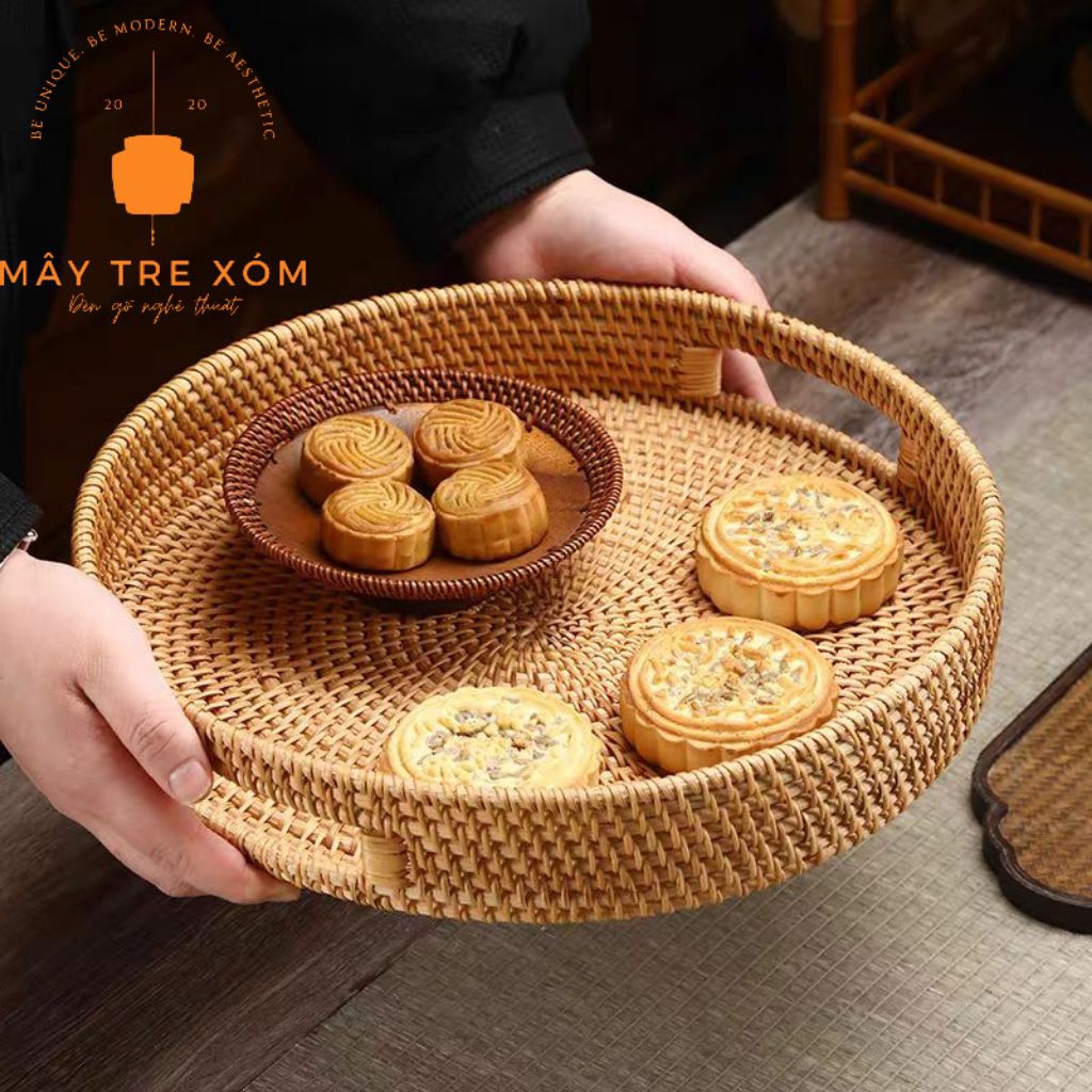 Khay mây tròn có tay cầm đựng đồ ăn, vật dụng