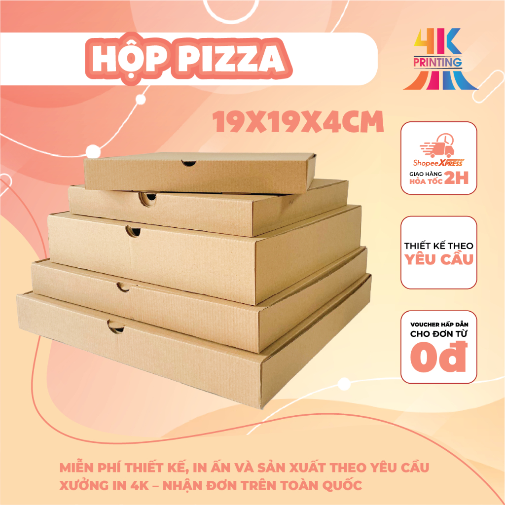 Hộp đựng Pizza đủ size, Hộp giấy Pizza 4KPRINT, chất liệu cứng cáp, an toàn vệ sinh thực phẩm