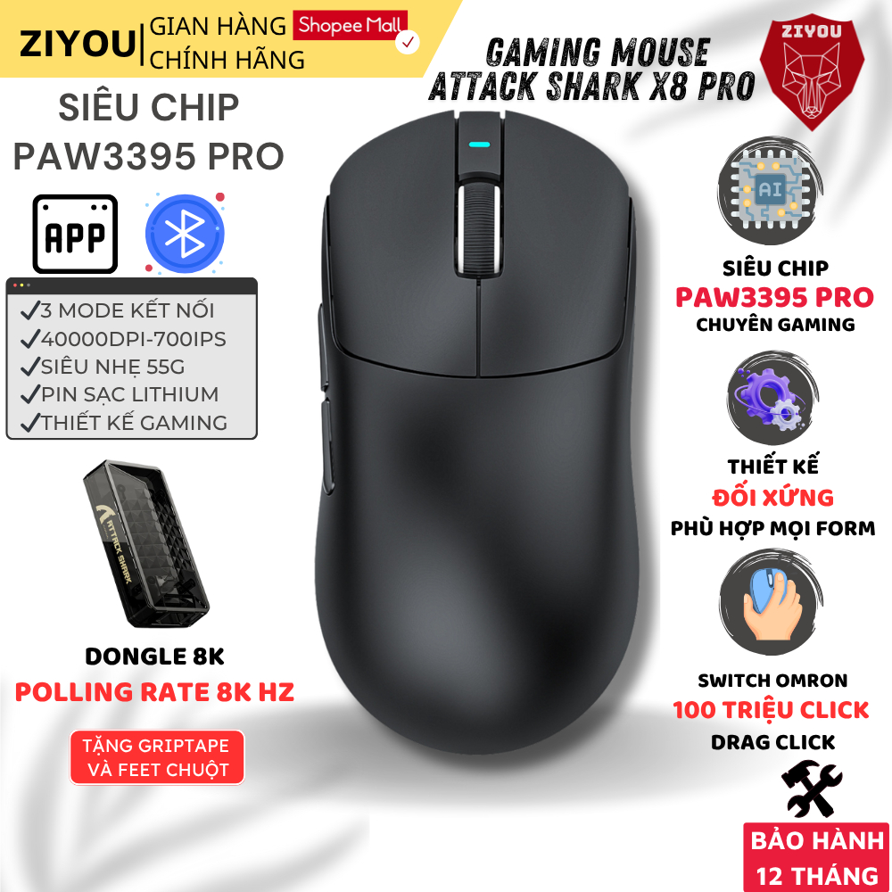Chuột Gaming Không Dây Ziyou Attack Shark X8 PRO Cảm Biến PAW3395 Polling Rate 8KHz Siêu Nhẹ Pin Sạc