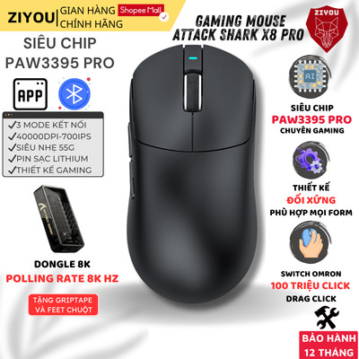 Chuột Gaming Không Dây Ziyou Attack Shark X8 PRO Cảm Biến PAW3395 Polling Rate 8KHz Siêu Nhẹ Pin Sạc
