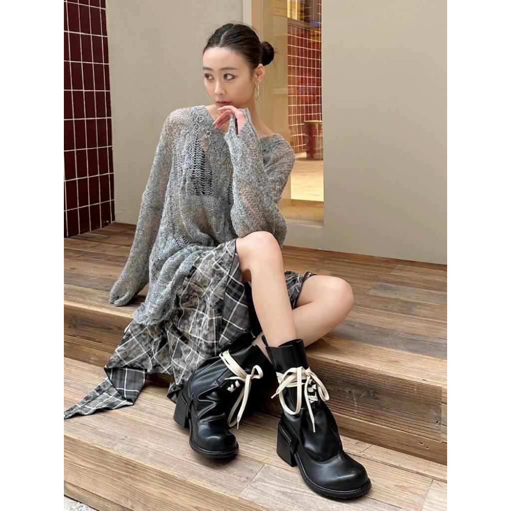 Giày boot nữ cao cấp cổ cao phối dây buộc đế cao cá tính