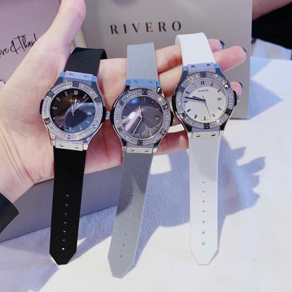 Đồng Hồ Nữ Amica Dây Cao Su Đen Đính Đá Size 34mm Amica A053 - Đủ 3 Màu Đen - Xám - Trắng