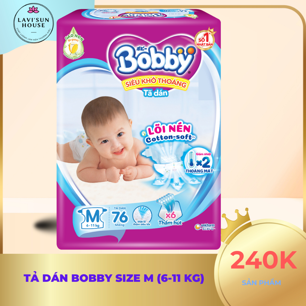 Tã dán Bobby size M 76miếng (6-11kg),S 80miếng (4-8kg)-siêu khô thoáng,thấm hút tốt, lõi nén cotton