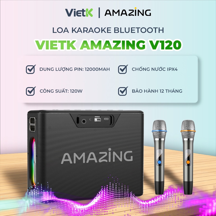 Loa Karaoke Bluetooth Amazing VietK V120 – 120W Âm Mạnh, Kèm Micro Không Dây, Hát Cực Hay