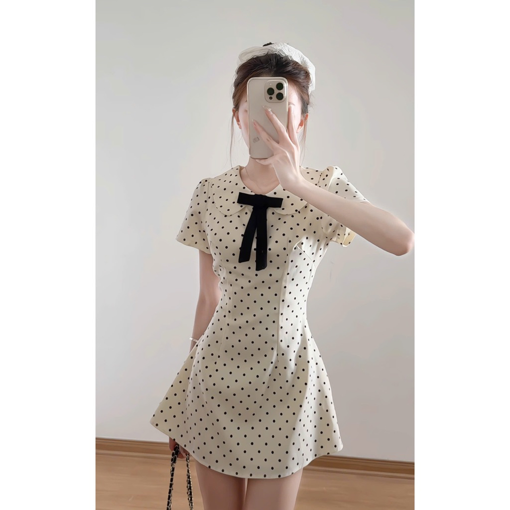 Váy ngắn tay cổ sen đính nơ họa tiết chấm bi chiết eo nhẹ nhàng dáng xòe xixeoshop - V26, V73 | BigBuy360 - bigbuy360.vn