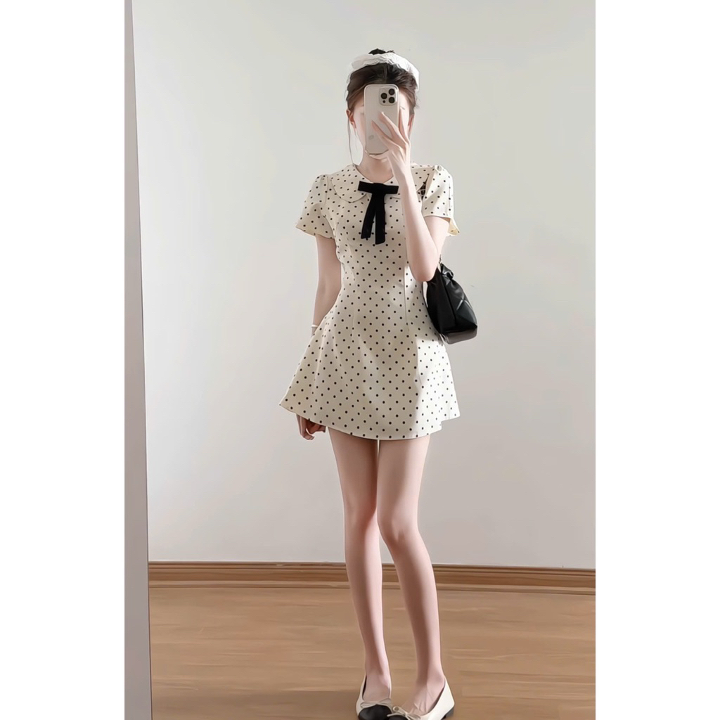 Váy ngắn tay cổ sen đính nơ họa tiết chấm bi chiết eo nhẹ nhàng dáng xòe xixeoshop - V26, V73 | BigBuy360 - bigbuy360.vn