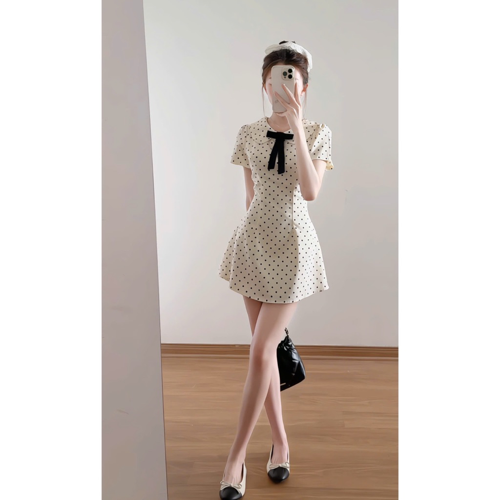 Váy ngắn tay cổ sen đính nơ họa tiết chấm bi chiết eo nhẹ nhàng dáng xòe xixeoshop - V26, V73 | BigBuy360 - bigbuy360.vn