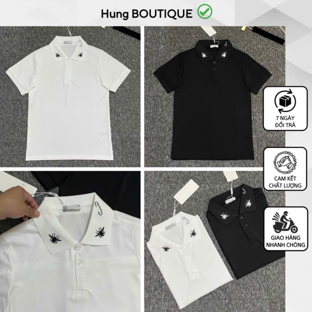 Áo polo nam cộc tay phối cổ áo hoạ tiết thêu 2 ong màu đen trắng - Áo polo nam cao cấp