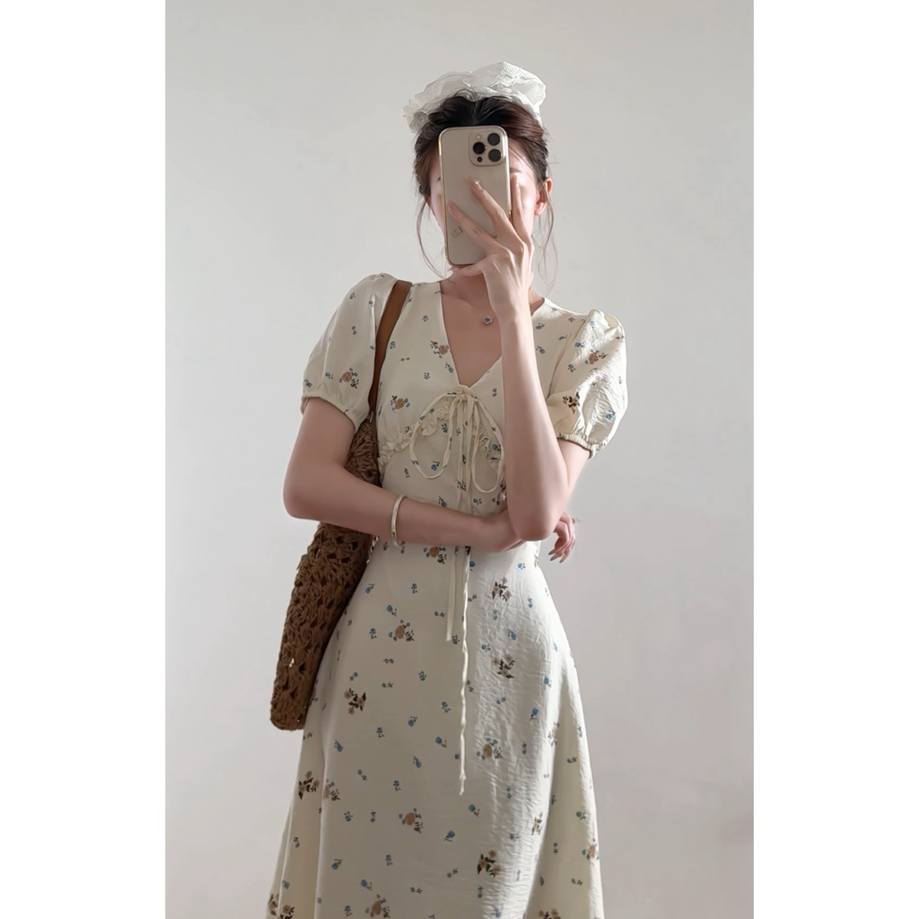 Váy hoa nhí cổ V bèo tay phồng dáng dài tiểu thư 2 lớp xixeoshop - V97 | BigBuy360 - bigbuy360.vn