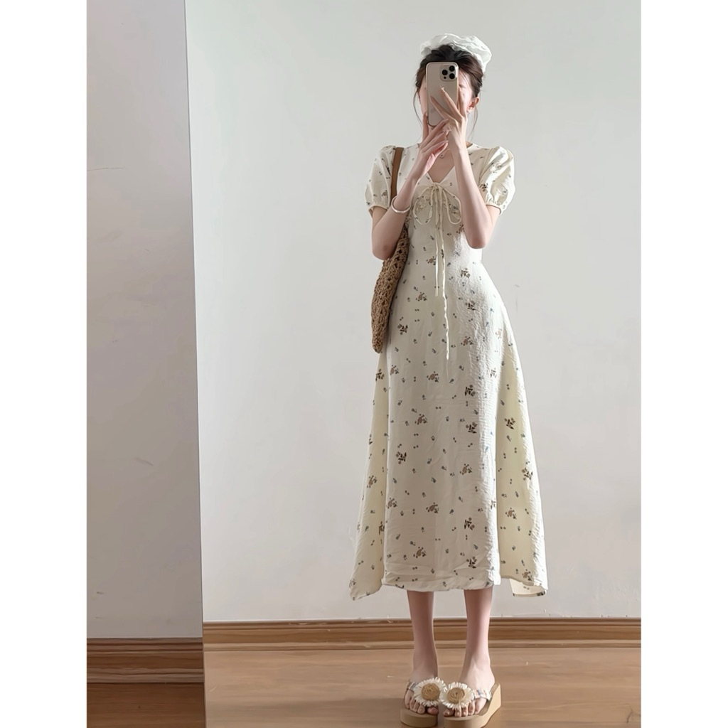 Váy hoa nhí cổ V bèo tay phồng dáng dài tiểu thư 2 lớp xixeoshop - V97 | BigBuy360 - bigbuy360.vn